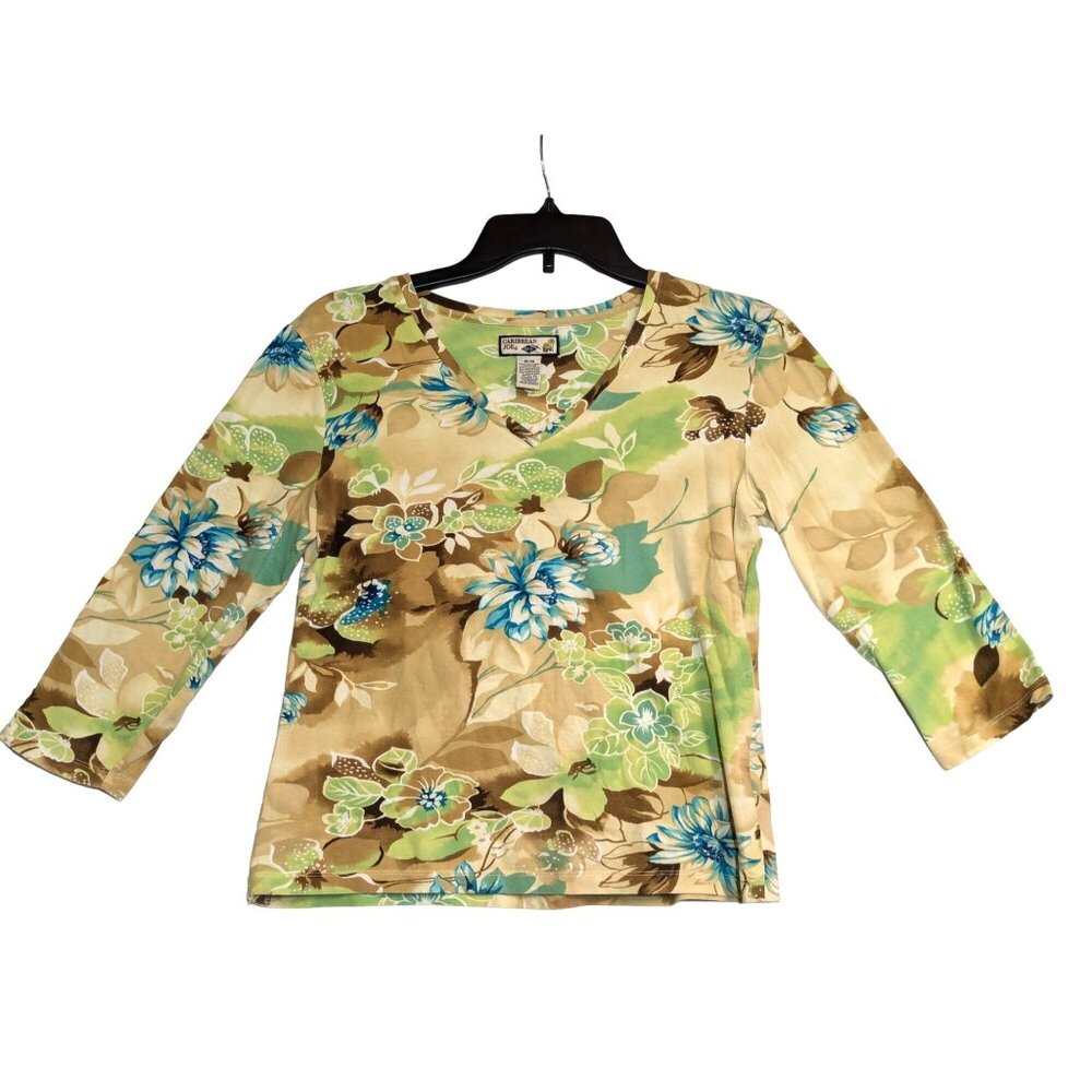 Caribbean Joe Floral V-Neck Blouse M Beige & Green Hawaiian
